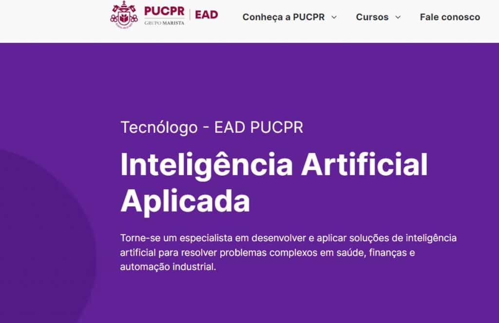 Tela do site da PUC-PR, cursos de IA no Brasil
