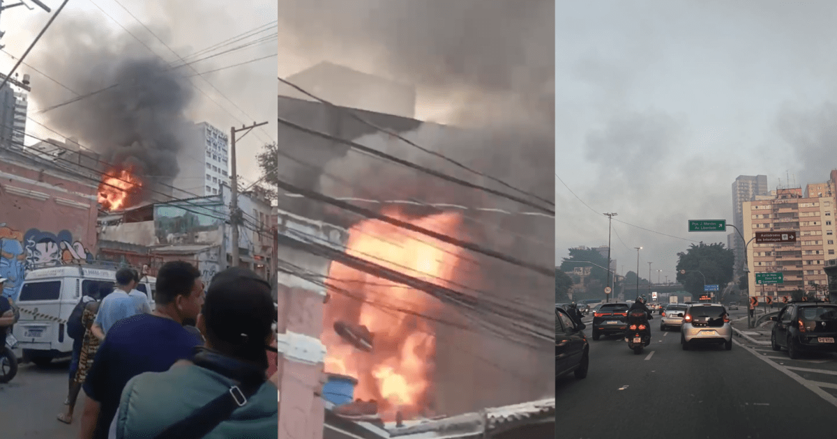 Bombeiros ainda tentam controlar incêndio em galpão no Centro de SP