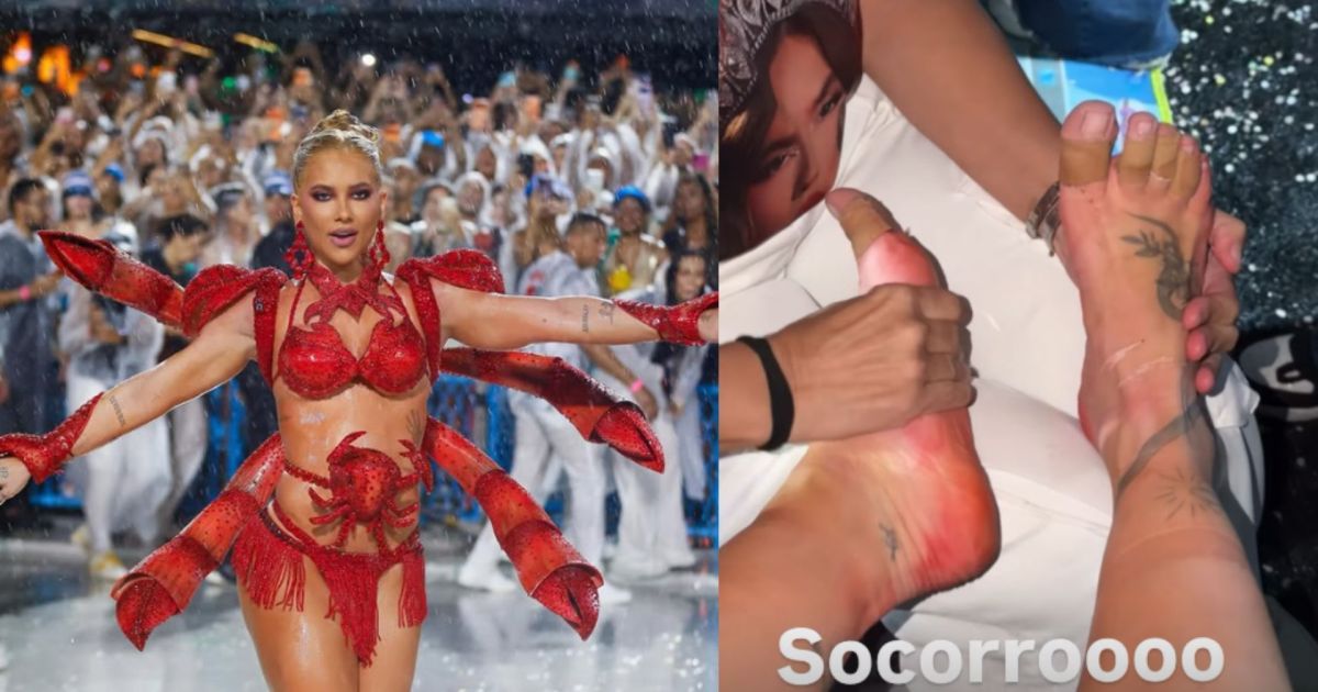 Virginia mostra os pés machucados após último ensaio na Marquês de Sapucaí